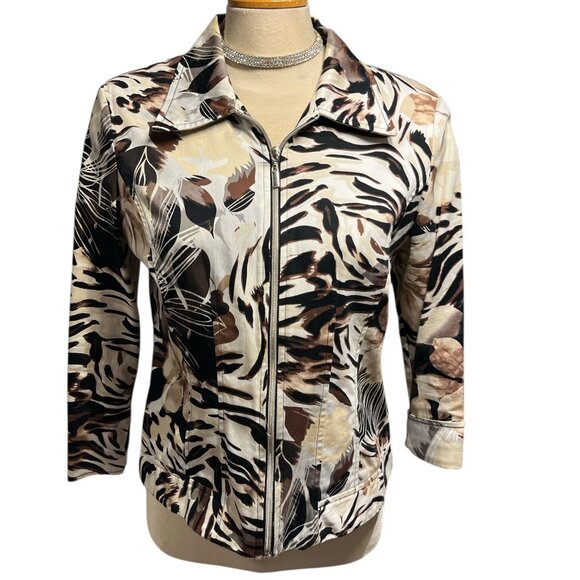 BELLISSIMA 🇨🇦 Bomber Jacket Abstract Floral Animal Print Size 10 Brown - Picture 1 of 10
